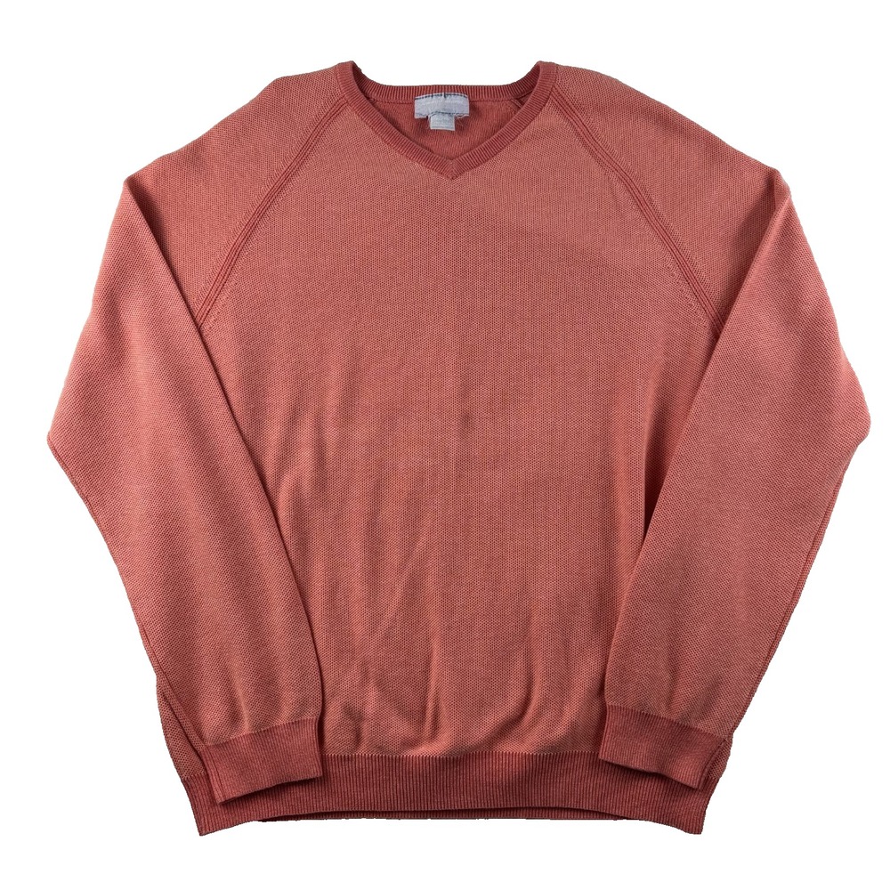 Tommy Bahama V-Neck Sweater Mens XL Coral Orange Pima‎ Cotton Waffle Knit Raglan